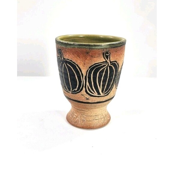 Handmade Small Clay Chalice With Carved Black Pumpkin Halloween 4" Signed Rustic - Picture 1 of 7